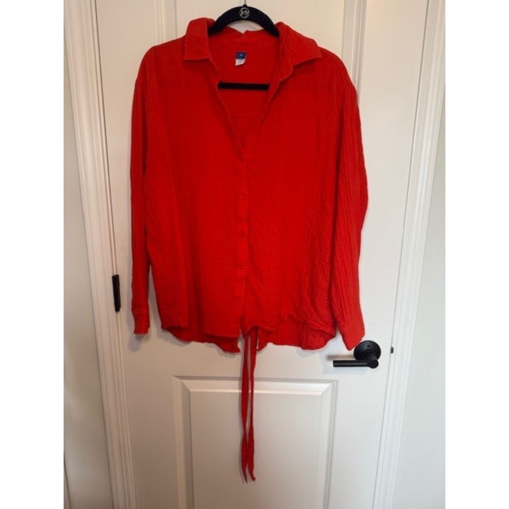 Old Navy Red Double-Gauze Split Back Tie Long Sleeve Button Down Shirt Womens M